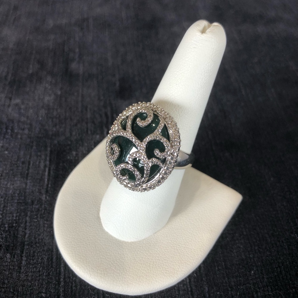 925 Sterling silver filigree green agate cabochon ring